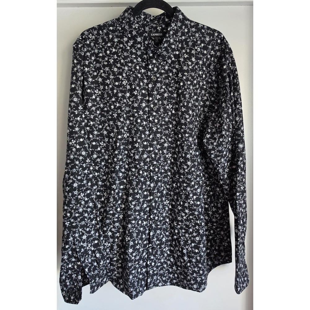 Express Men XL Floral Button-Up Long Sleeve Shirt Black White Cotton Top